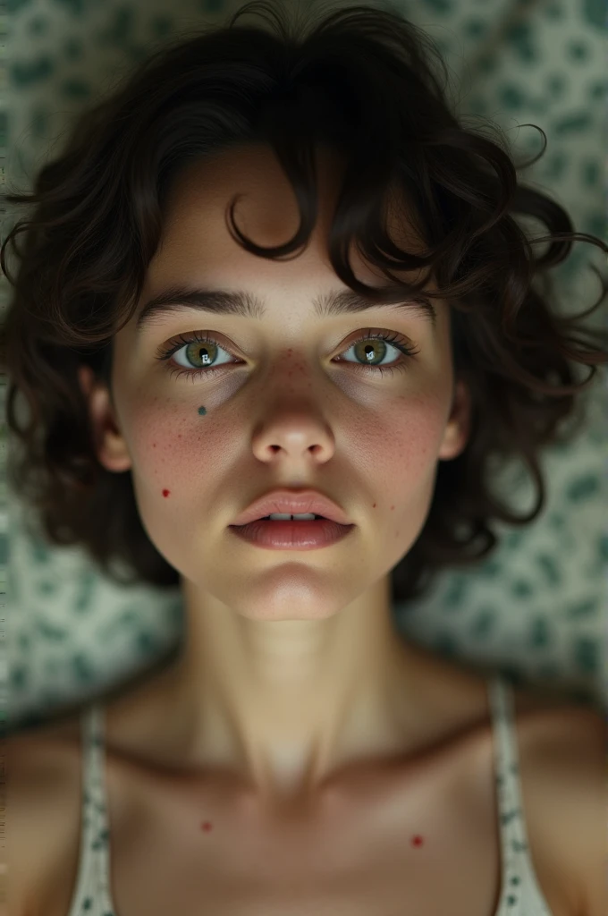 Woman with short curly hair with semen on her face