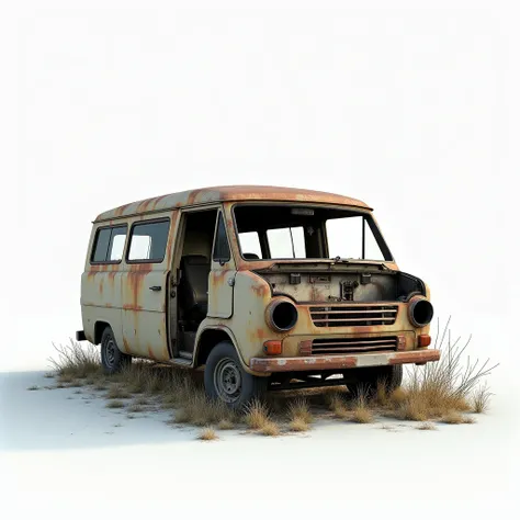 num white background, absent vegetation, missing ground, Create an old abandoned van, damaged headlights, missing doors, torn and dirty driver&#39;s seat, missing or flat tires, missing glasses., 3d rendering for reference. the same van must be seen from d...