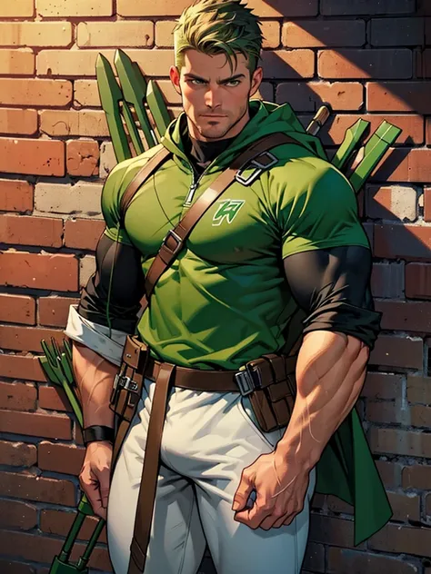 64k, high quality, hunk and handsome man, detailed face , detailed hands , detailed muscles , stephen amell as green arrow,standing , wearing blackish green outfit with a quiver filled of arrows , in his hand his bow  standing with spread legs showing a bu...