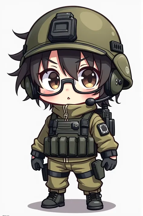 Chibi boy with tactic clothes, tactic helmet with mic, middle hair and reading glasses