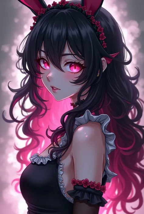 (Anime style), A woman with black hair with her hair dyed down is pink, her skin color is pale white, her eye color is pink, Her hair is long and curly, she has small devil wings, she only wears bunny maid outfit.