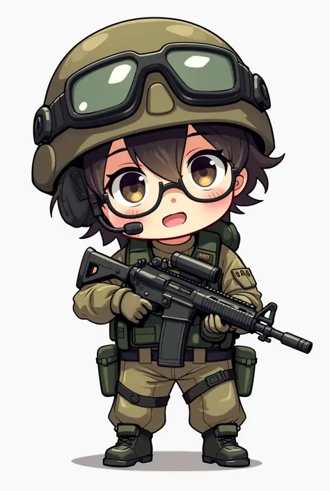 Chibi boy with tactic clothes, tactic helmet with mic, a weapon, middle hair and reading glasses