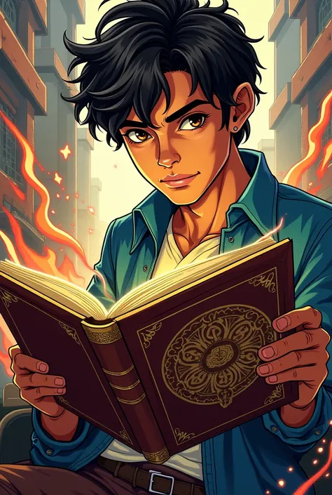 Marvel Comic Art Style, a tan-skinned young man, slightly long black hair and almond brown eyes. Posing while reading the Clan Maertell book