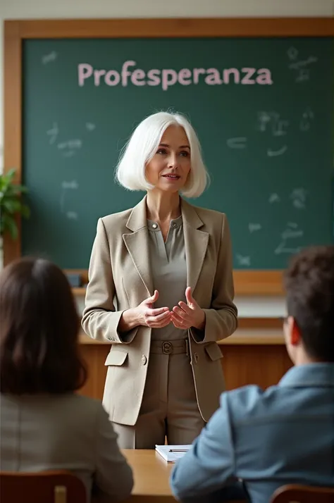 Please create an image of a 40-year-old white-haired female teacher with a bob cut., teaching other teachers and places her name in a visible way as Profesperanza 