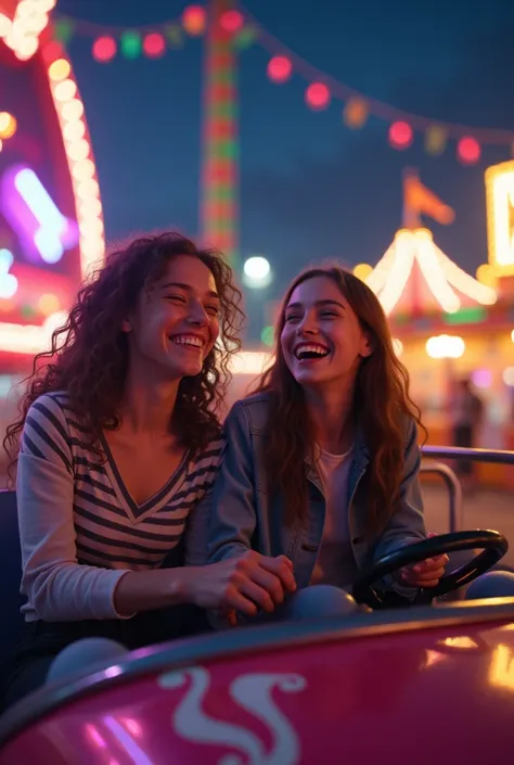 A teenage boy and girl laughing extremely loudly inside a ride at a game fair at night 