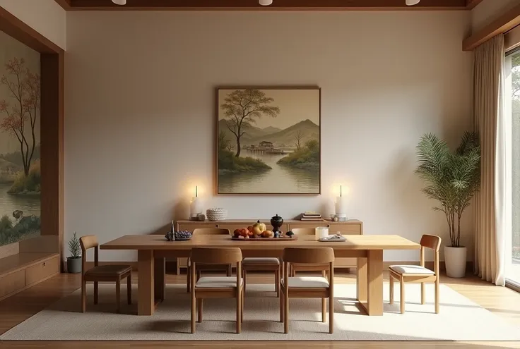 A tranquil and minimalistic dinning room designed in a morrden traditional Vietnamese style. The room features oak furniture, including a simple altar table adorned with ancestral offerings. The walls are plain, with one side having a large, traditional pa...