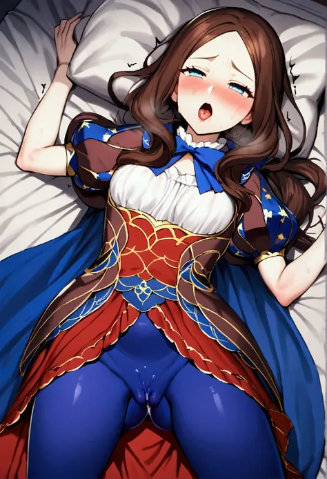 NSFW,masterpiece,Highest quality,High resolution,Very detailed,Leonardo da Vinci(Fate/grandorder),blue eyes, Long Hair, Brown Hair, Side Lock, Low Ponytail, ribbon, dress, White shirt, Puff sleeves, Short sleeve, Red Skirt, Cape, Blue Pantyhose,Small breas...