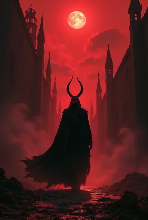 Design a dark and intense Story image that embodies the ominous and theatrical energy of March of Mephisto by Kamelot. The scene should feature a shadowy, gothic landscape with towering, crumbling castle walls under a blood-red sky. In the foreground, a si...