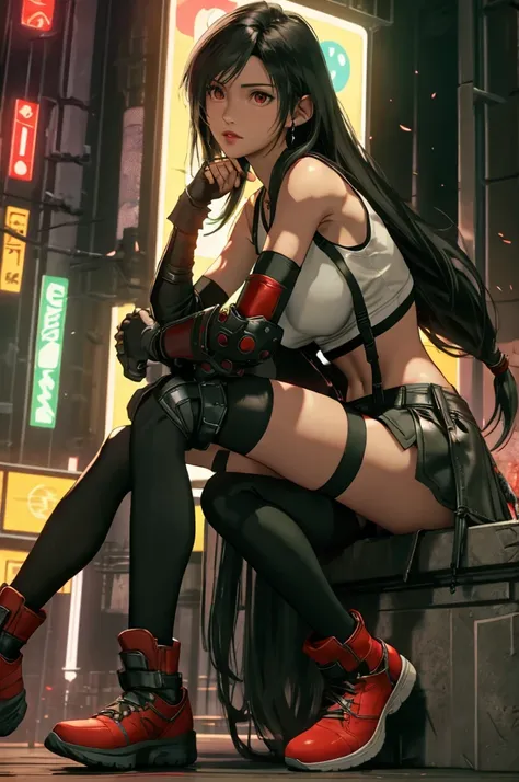 tifa lockhart, final fantasy vii remake, ankle boots, black hair, black skirt, black knee socks, boots, big breasts, cityscape, ...