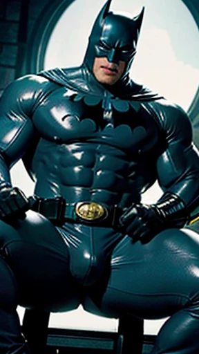 Create a bulge grows flex chest up to showing off sexy position Batmam gray latex much packed muscular body from arkham city gray suit sexy position muscular packed presenting sitting close up pants, tight very bulky muscular body costume Batman has head u...