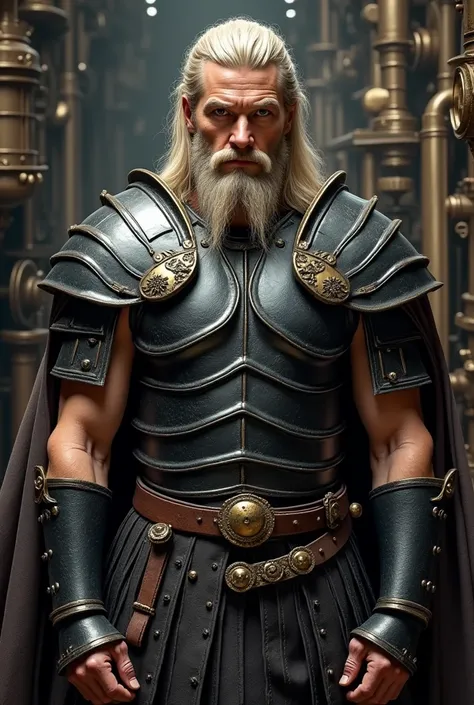 white human male with black roman lorica segementata armor and long blond hair and beard. Steampunk background