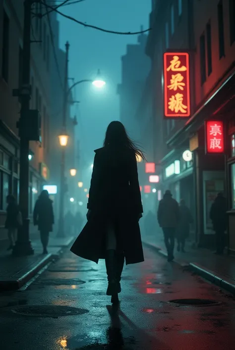 Photography girl walking in night street