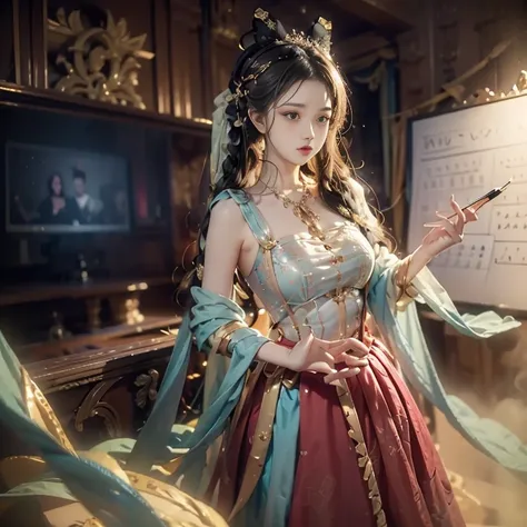 beautiful girl，long wavy hair，Wearing a futuristic dress，holding a whiteboard，It says &quot;leisure time&quot;，and show to the audience