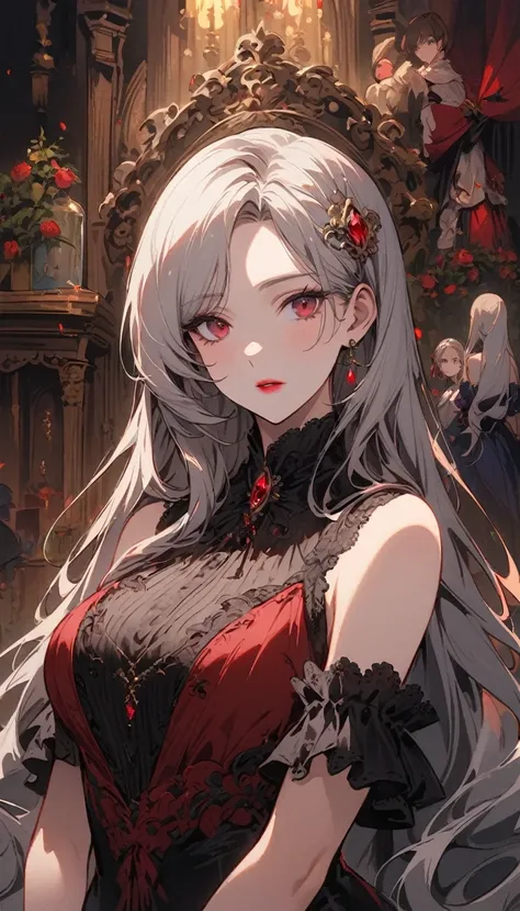 Lin Mingmei, 1 lady, alone, interested , princess, long hair, elegant victorian dress, looking at the audience, skirt, long hair, blood red eyes, eyes, sign, Bangs, cosmetic, silver hair, Upper body, lipstick, styled hair, bridal gloves, sleeveless