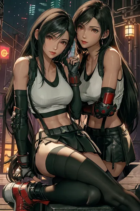 Tifa Lockhart, Final Fantasy VII Remake, ankle boots, Black Hair, black skirt, black Knee socks, boots, Big Breasts, Cityscape, Crop top, elbow gloves, Elbow pads, fingerless gloves, whole body, gloves, Headrest, lips, Long Hair, View your viewers, low-tie...