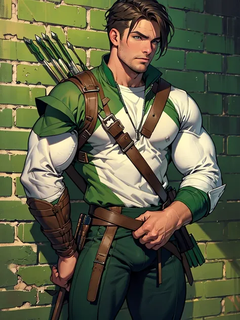 64k, high quality, hunk and handsome man, detailed face , detailed hands , detailed muscles , stephen amell as green arrow,standing , wearing blackish green outfit with a quiver filled of arrows , in his hand his bow  standing with spread legs showing a bu...