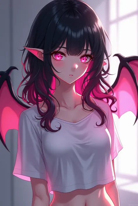 (Anime style), A woman with black hair with her hair dyed down is pink, her skin color is pale white, her eye color is pink, Her hair is long and curly, she has small devil wings, He was wearing a short-sleeved t-shirt, the t-shirt only reached his chest, ...