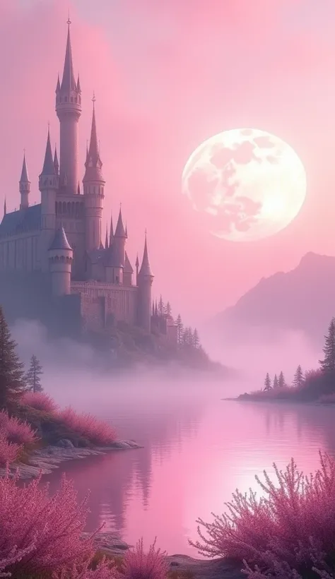 A dreamlike scene with a mystical castle shrouded in mist, surrounded by an overall pink hue. A pink lake lies nearby under a large, full moon, reflecting soft light on the water. Flowers gently sway along the shore of the lake, creating a serene and encha...