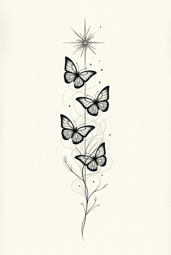 10cm tattoo that must have irregular lines, They are four minimalist butterflies, arranged in an asymmetrical pattern, with broken wings surrounding a starry symbol that emits chaotic bursts. The design must be in linework and have dotwork points.. Below t...