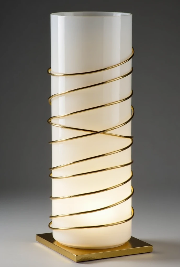 A white cylinder with gold lines and murano , and a square base
