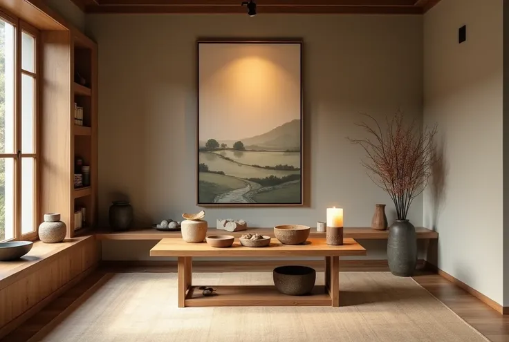 A tranquil and minimalistic kitche designed in a morrden traditional Vietnamese style. The room features oak furniture, including a simple altar table adorned with ancestral offerings. The walls are plain, with one side having a large, abtract decor painti...