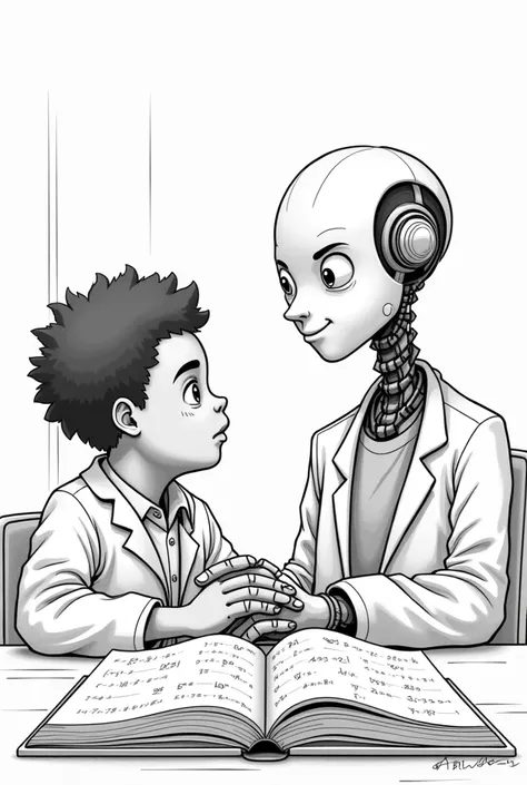 An African boy,chubby,eight year old,black hair,in a classroom seated on a desk with a young African scientist wearing a lab coat,there is book on the table with maths sums written on it. A huge robot is beside them. The drawing is a line art