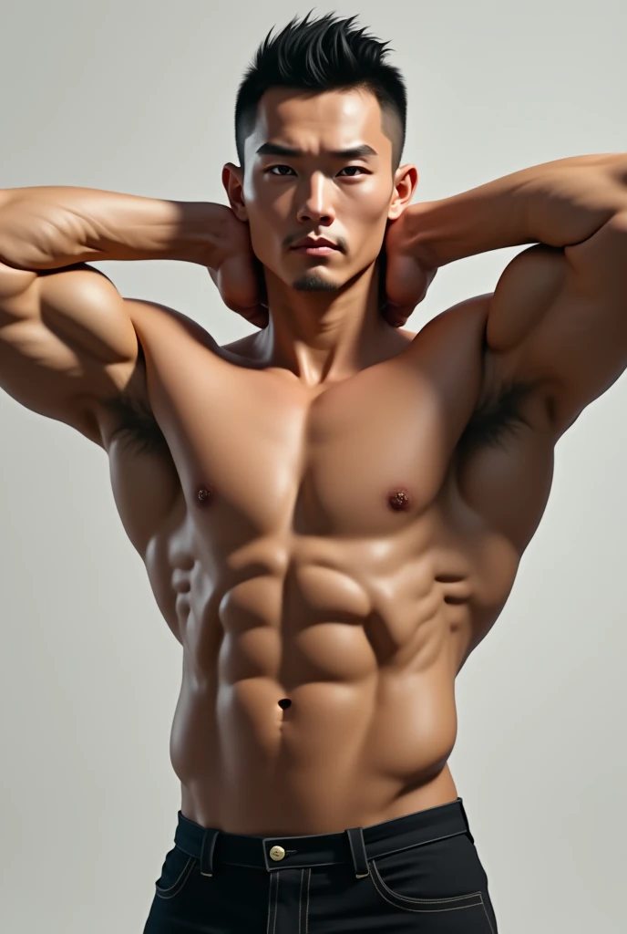 A handsome young Chinese man with a masculine style, crew cut hair, is posing with his hands behind his neck and raised high, showing off his muscular body and toned 6 pack abs. You can see the v-cut and armpit hair.