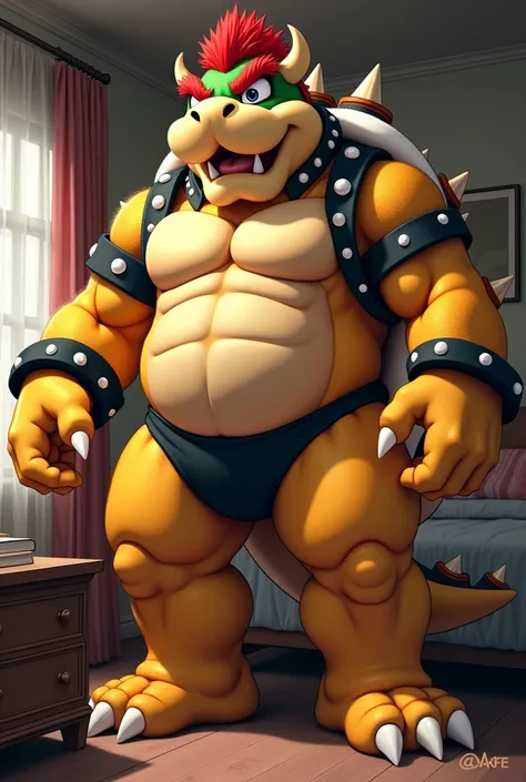 Tall swole Bowser, bulky body, hairy body, large shoulders, large biceps, large long heavy penis in black underwear, 10 abs, bed room, anime style