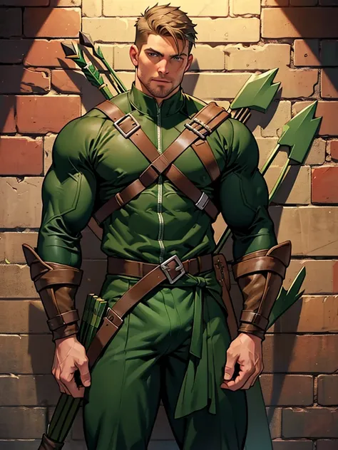 64k, high quality, hunk and handsome man, detailed face , detailed hands , detailed muscles , stephen amell as green arrow,standing , wearing blackish green outfit with a quiver filled of arrows , in his hand his bow  standing with spread legs showing a bu...