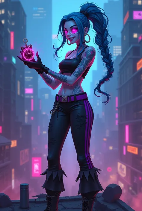 Jinx stands alone atop a crumbling rooftop in Zaun, the undercity bathed in neon light and thick, acrid smoke. Her tall, slender figure is draped in her usual chaotic attire: a black leather sleeveless crop top, scuffed and worn from countless fights, and ...