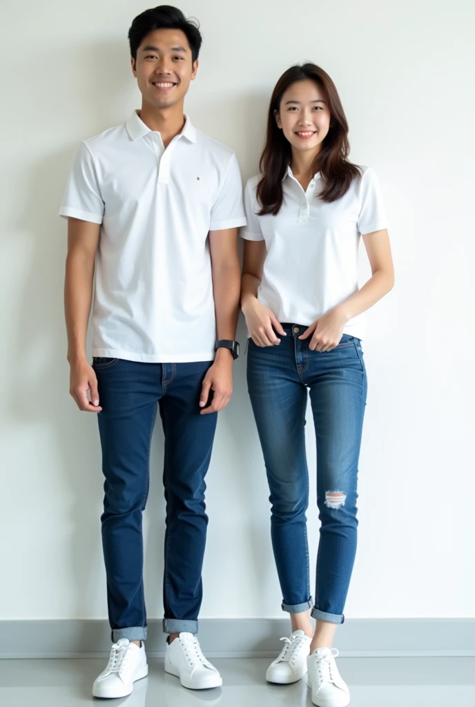 20s a young man and a young woman standing side by side, half-asia, korea, both wearing white polo shirts. They are posing confidently in a professional manner, with friendly and approachable expressions. The man and woman have a business-like appearance, ...