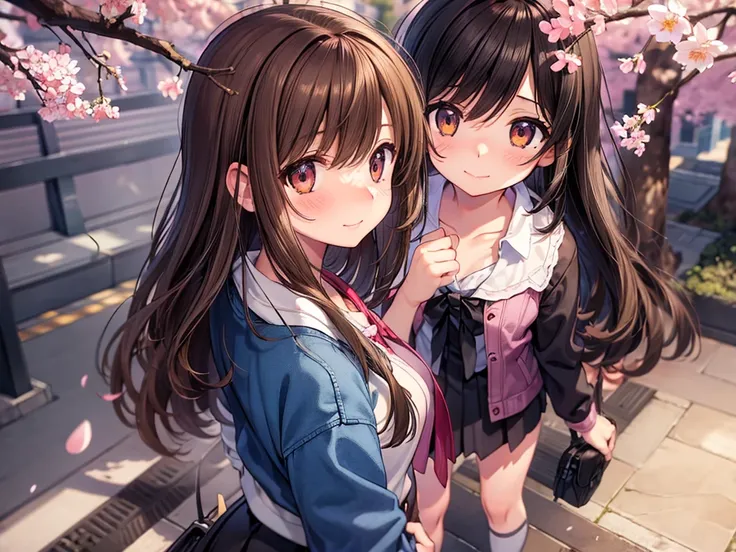 public park, sakura, cherry blossoms, 1, medium breasts, dark brown hair, dark brown eyes, casual clothing, skirt, looking at viewer, from above, smile, best quality, ultra-detailed, high quality, high resolution, illustration, cinematic lighting, professi...