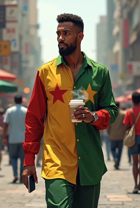 Somali man who walk the street and has a takeway coffee who used a phone a wear a soomaalia flag tishirt