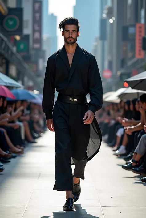 Afghanistan Man World Top Model walking on the Jakarta Fashion Week With Background of Jakarta City and Full Boddy