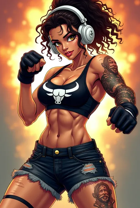 (Artwork), (8K image wallpaper), (Anime character line style), 1 woman with left arm amputated, Brazilian ethnicity, super strong body, curly hair in a samurai bun, eyes turned downwards, yellow iris color, burn scar on face, wearing white headphones, shir...