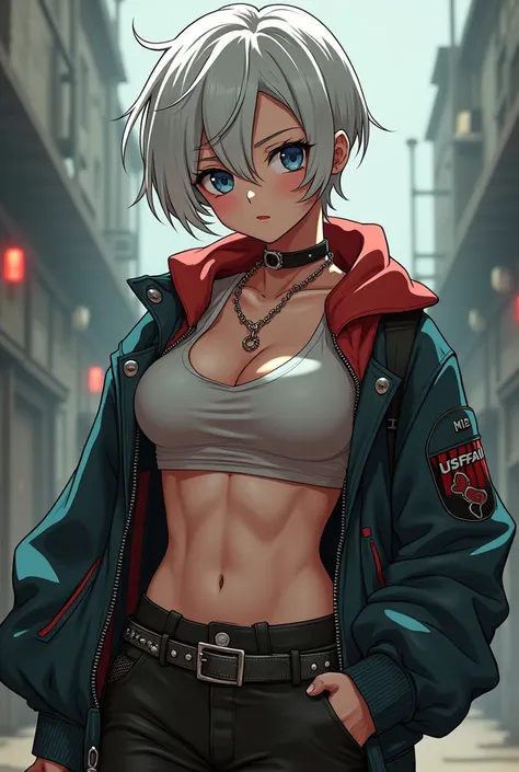 Hardcore Serious Anime Tomboy Girl Gangster clothes White Hair Big Ass Short hair