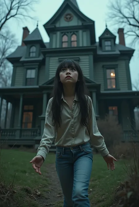 A teen girl entering a haunted mansion with a terrified face 