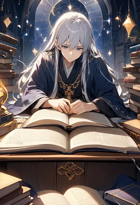 （Highest quality），（Exquisite details），（Maximum resolution），（Impeccably possible），（masterpiece）。
 
In the ancient and mysterious magic academy library，A wise magic scholar is immersed in the world of books。His long silver hair was tied neatly behind his hea...