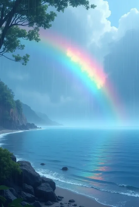 Rain falling  and a rainbow on the blue sea