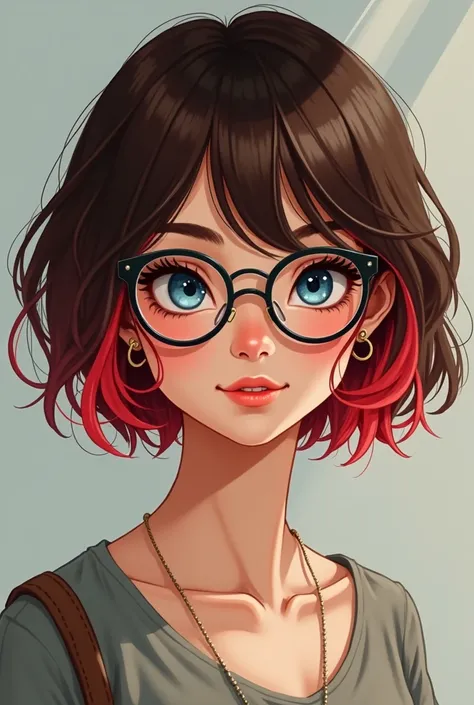 Create an illustration but also realistic girl in her 20.
Focus on the following facial features: a round face with a chin dimple, freckles, blue eyes with glasses, short brown hair with a red bangs red haur tips, do not fort the significant red bangs and ...