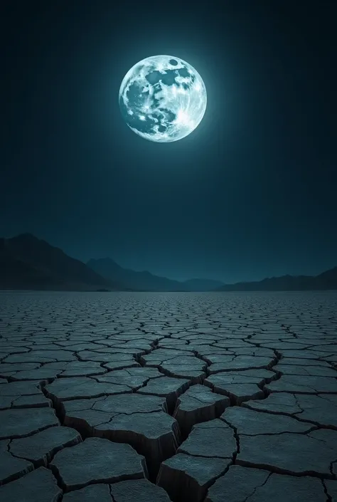 Landscape of night sky with a bright moon on top of a cracked dry desert