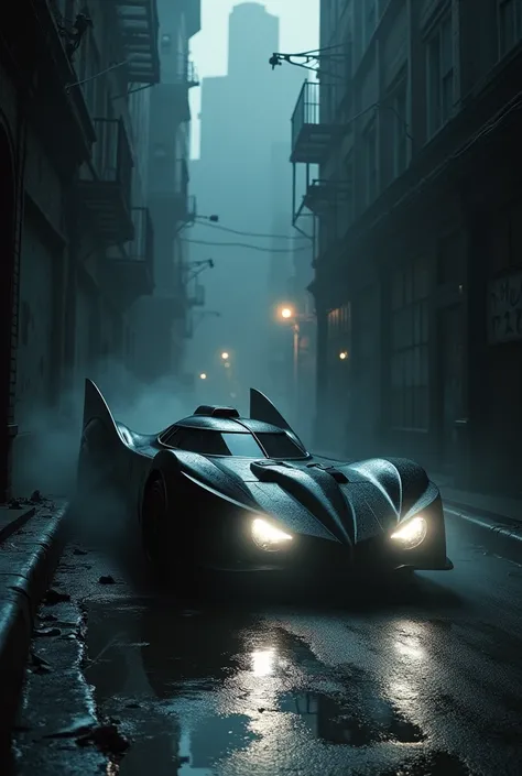 Gotham city. Batmobiles headlights are visible in the alleys darkness