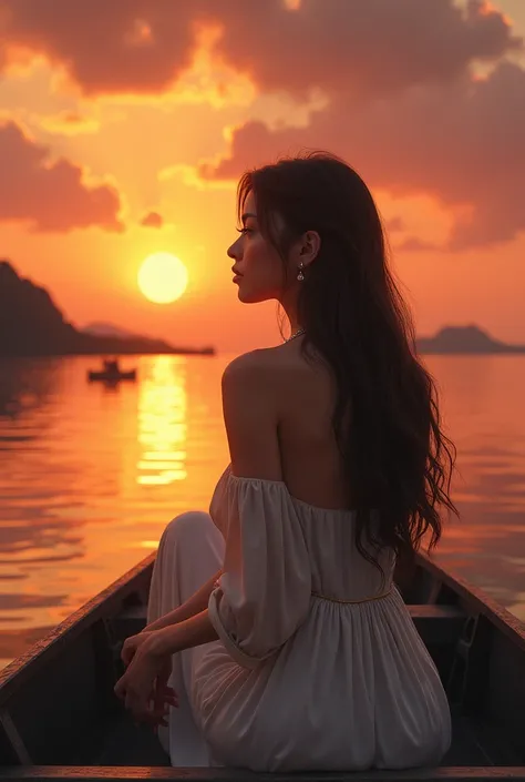 1girl in, 3, Solo, Long hair, Colossal, Looking at the sunset, sits in a canoe or boat, brown hair, Bare shoulders, jewelry, a necklace, broad shoulders, dress, Realistic, Sexy.