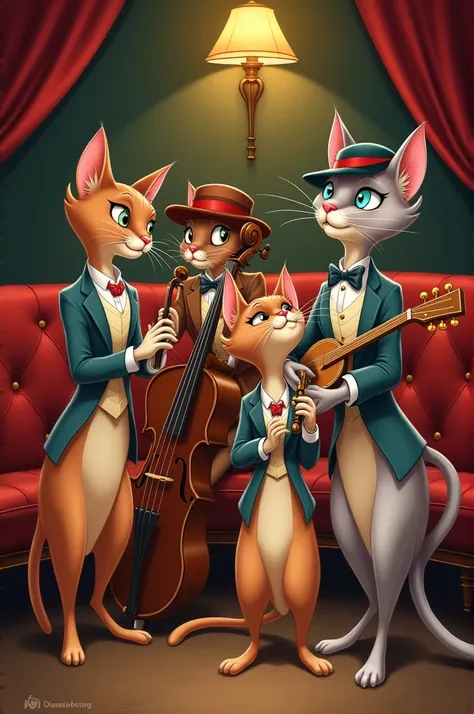 Create an image for a WhatsApp group, about the members of the Aristocats Jazz Cats keeping the same style of the movie 