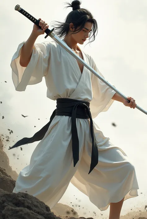 create a swordsman who uses a katana,he has a white outfit,and a caiça that has no buttons and is held together by the black cloth tied around its waist,Your blouse is normal but has sleeves,your hair is black and your katana is white