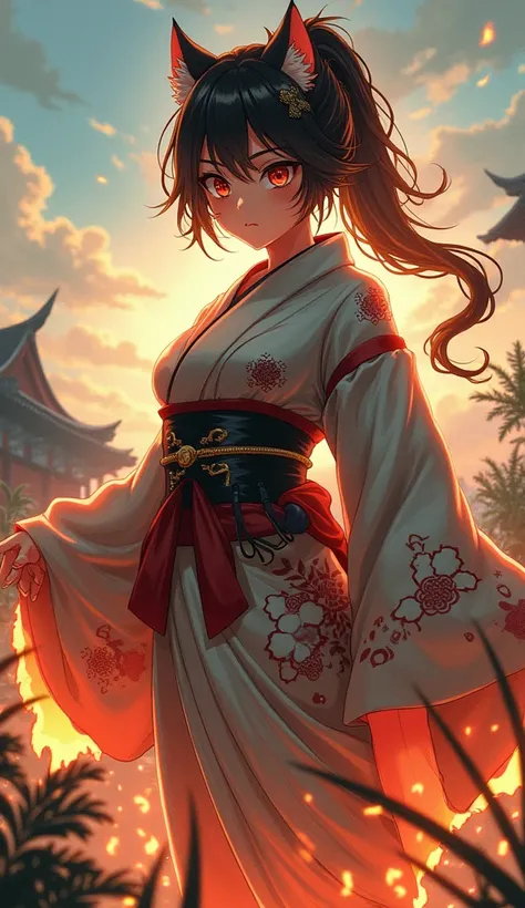 anime tigress girl with shaggy haircut with fire legs in kimono