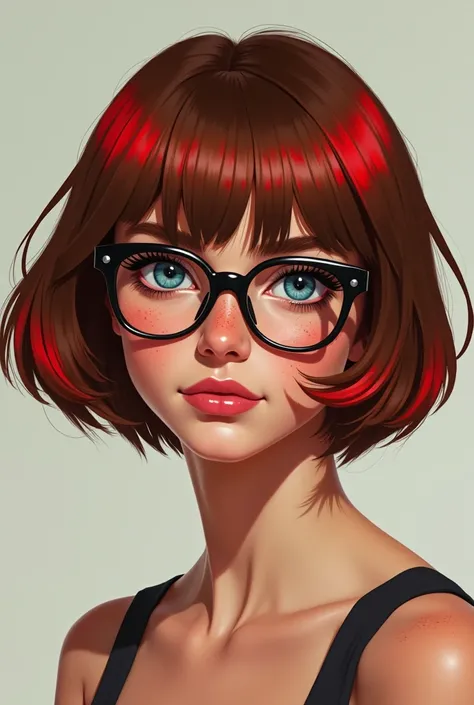 Create an illustration but also realistic girl in her 20.
Focus on the following facial features: a round face with a chin dimple, freckles, blue eyes with glasses, short brown hair with a red bangs red haur tips, do not fort the significant red bangs and ...