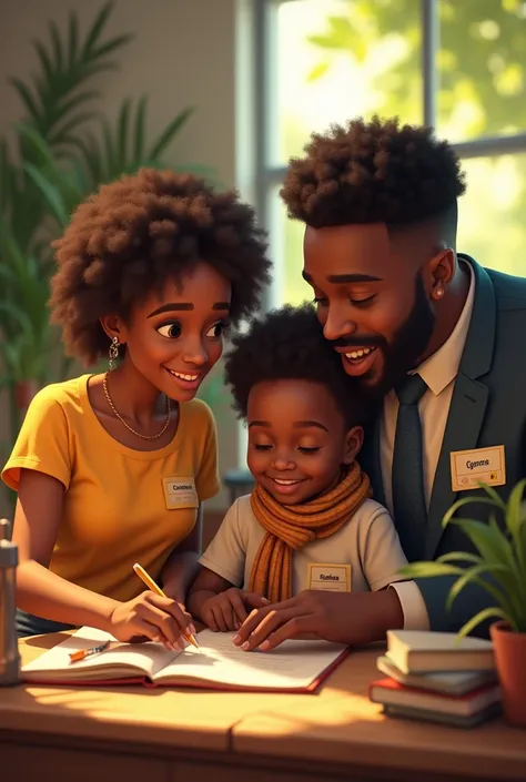 A beatiful african family of mother whose tshirt is written CHRISTINA and a father ware a suit with a name tag written IGNAS teaching a  whose scaff is written GIOVAN