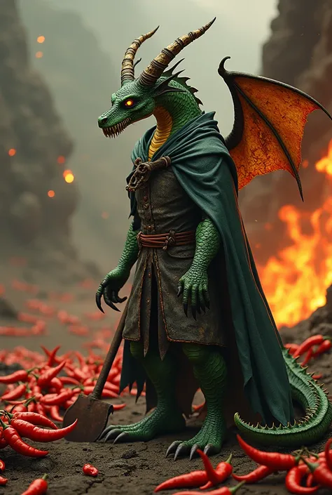 dragon dressed as a gravedigger with chillies surrounded by fire