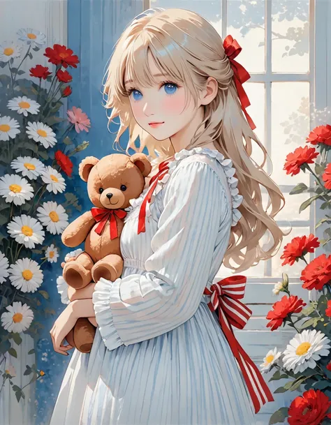 The image depicts a person with long, light-colored hair dressed in a white nightgown adorned with frills and a small red ribbon at the neckline. They are holding a brown teddy bear with a blue and white striped bow. The overall setting appears to be simpl...